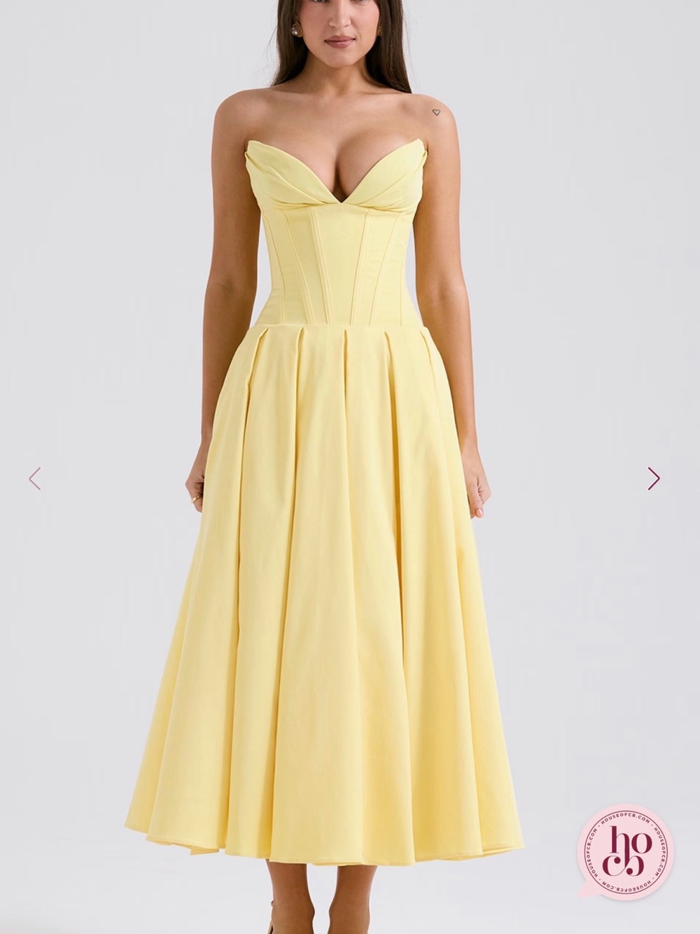 House of CB Pale Yellow Strapless Corset Midi Dress